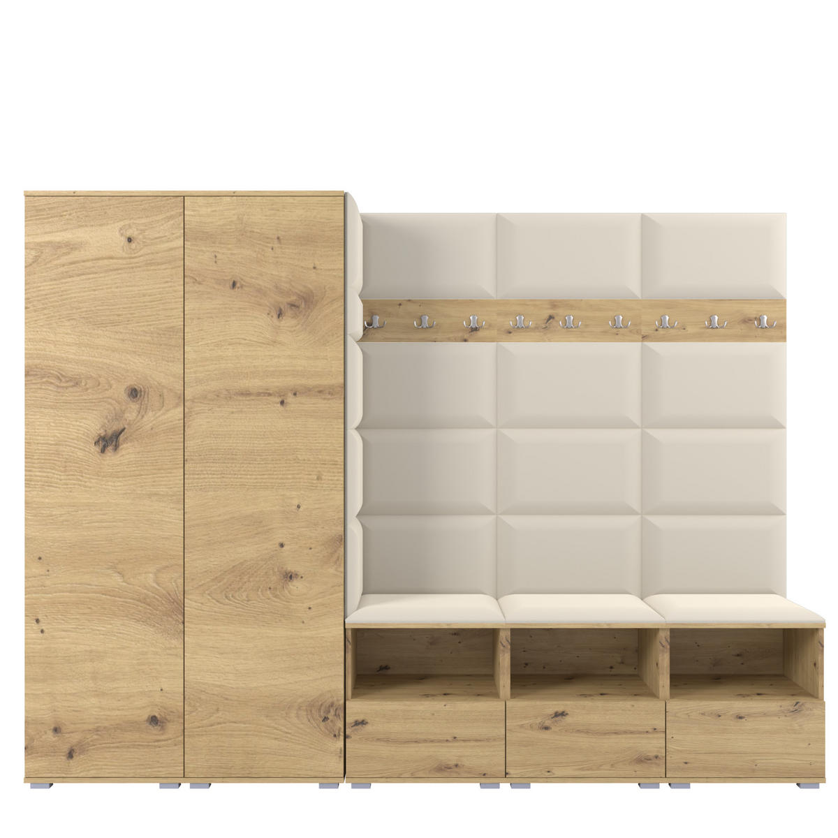 GARDEROBE NELA VII 250 cm (Modulare Flurmöbel XL Artisan Eiche mit Sitzpolster Creme 01 2 Schränke) - Silberfarben/Creme, Holz/Holzwerkstoff (250/187/40cm) - Ravio