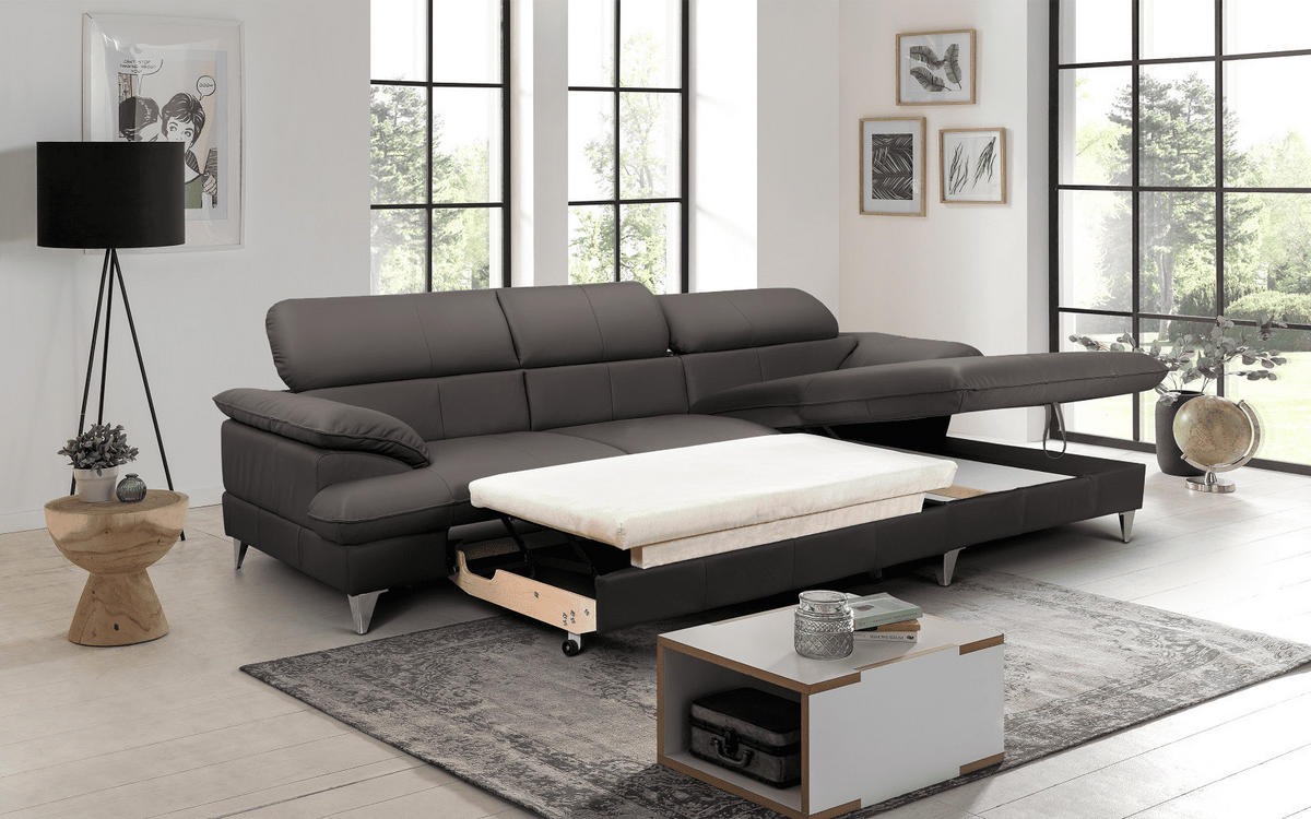 ECKSOFA mit Schlaffunktion und Bettkasten, Echtleder - Chromfarben/Dunkelbraun, Leder/Holz (167/254cm) - Cotta
