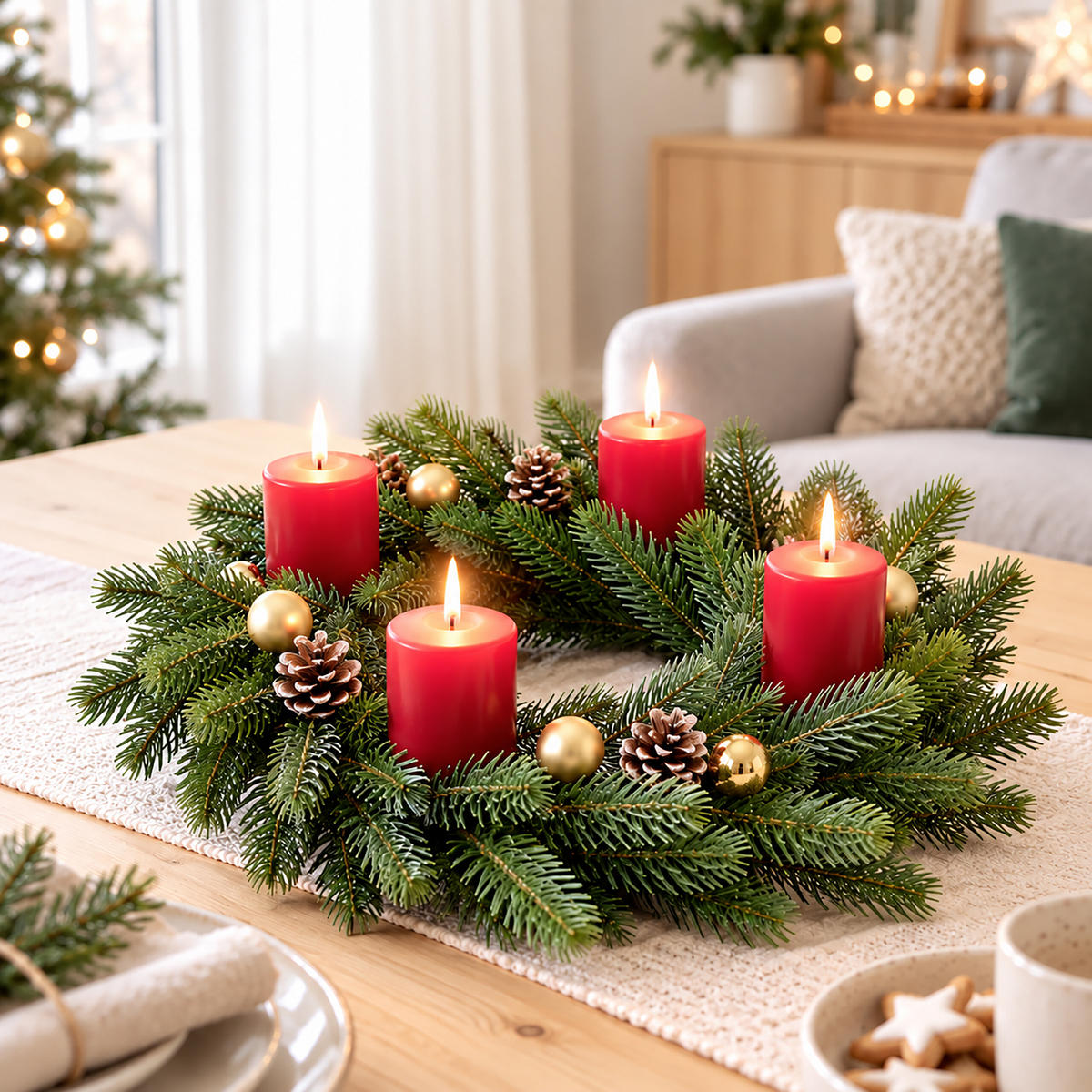 VĚNEC zelený adventní umělý PE vstřikování 30 cm - tmavě zelená, plast (8cm) - Relaxdays