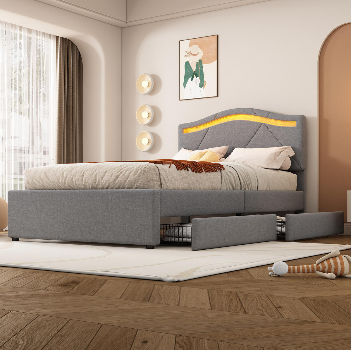 POLSTERBETT 90/200 cm mit LED-Beleuchtung, 2 Schubladen, verstellbarem Kopfteil und Lattenrost, Grau - Grau, Textil (90/200cm) - Redom