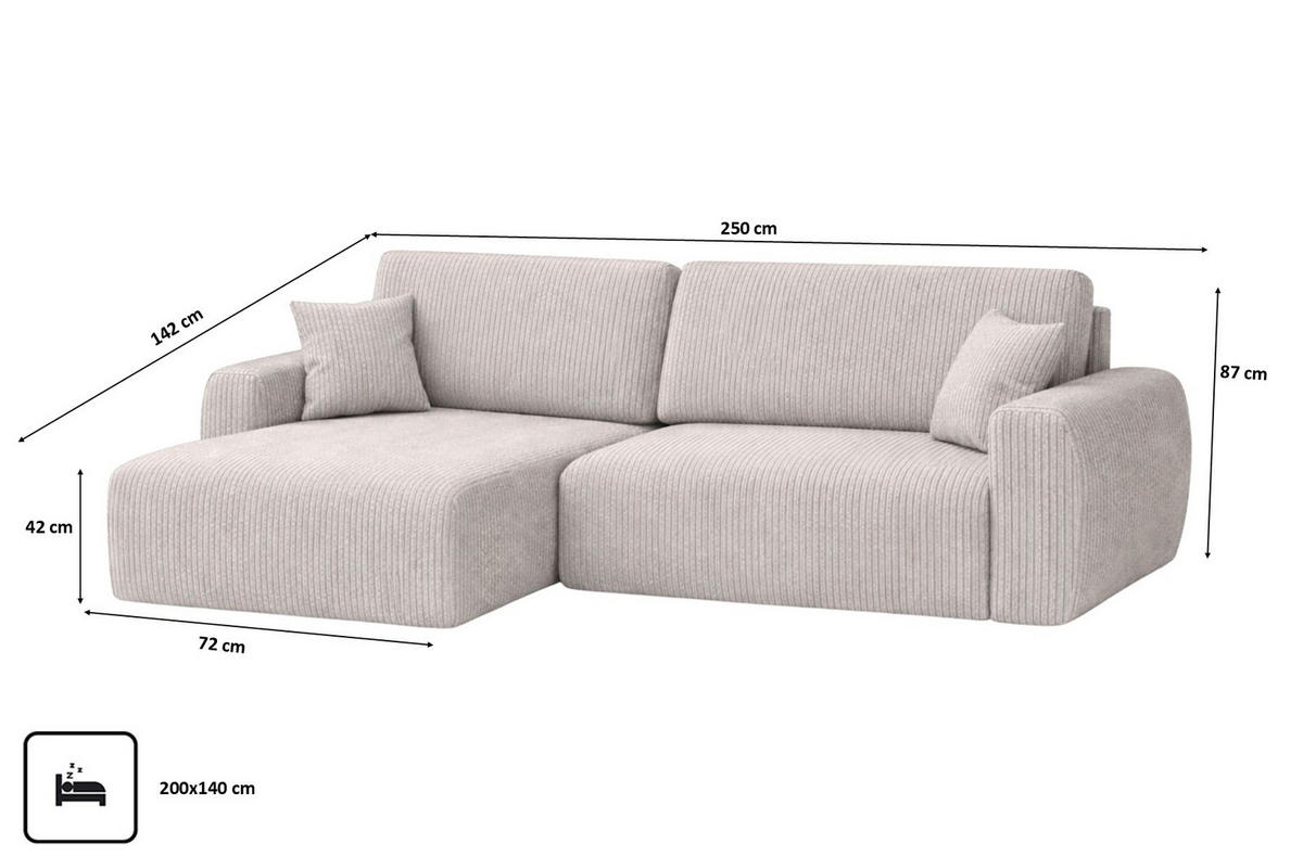 ECKSOFA Mit Schlaffunktion Ariel L, Cordstoff, Stoff Poso, Beige, Links - Beige, Holz (250/142cm) - Kaiser Möbel