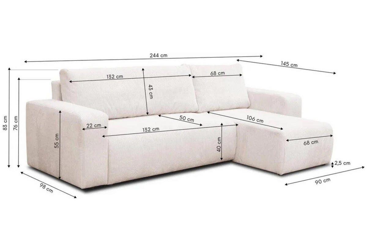 ECKSOFA LUNA mit Schlaffunktion und Bettkasten Cord-Stofff (Blau) - Blau, Textil (244/142cm) - VENASI MÖBEL