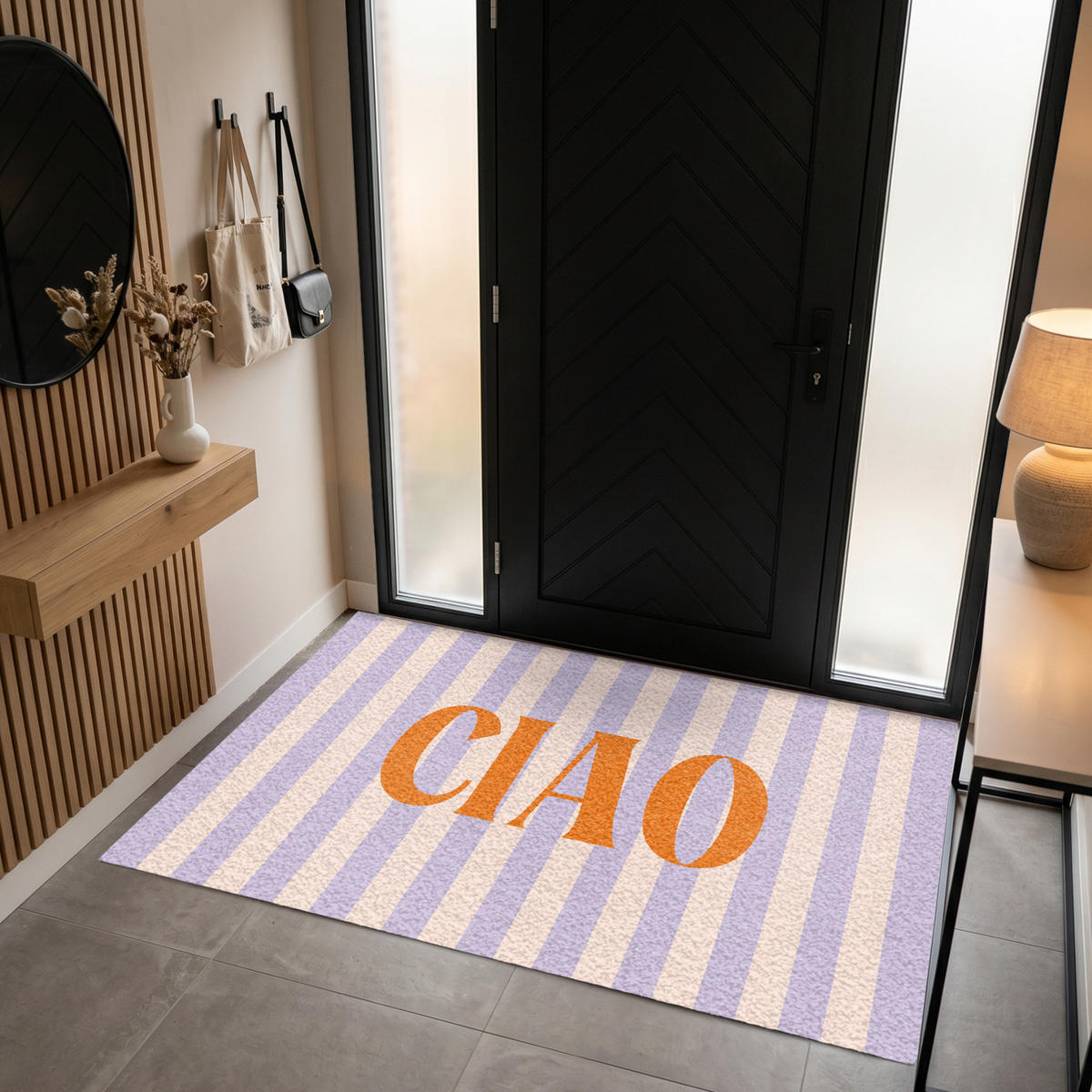 FUSSMATTE Ciao - Zitat - Pastell - Streifen Schmutzfangmatte 180x120 cm - Flieder, Kunststoff (180/120cm) - MuchoWow