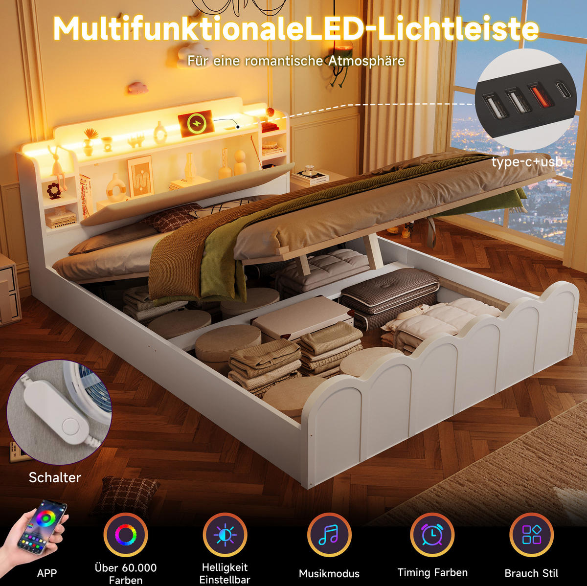 PANEELBETT aus Holzwerkstoff 140x200 cm Weiß mit LED-Beleuchtung, USB-/Typ-C-Anschluss und hydraulischem Stauraum - Weiß, Holzwerkstoff (140/200cm) - Modfu