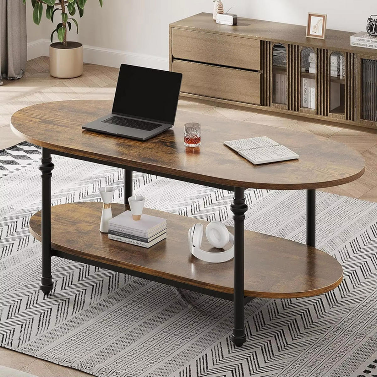 COUCHTISCH oval niedrig 2 Ebenen Mid Century Retro Design - Braun, Holz (119/54/43cm) - Kaket