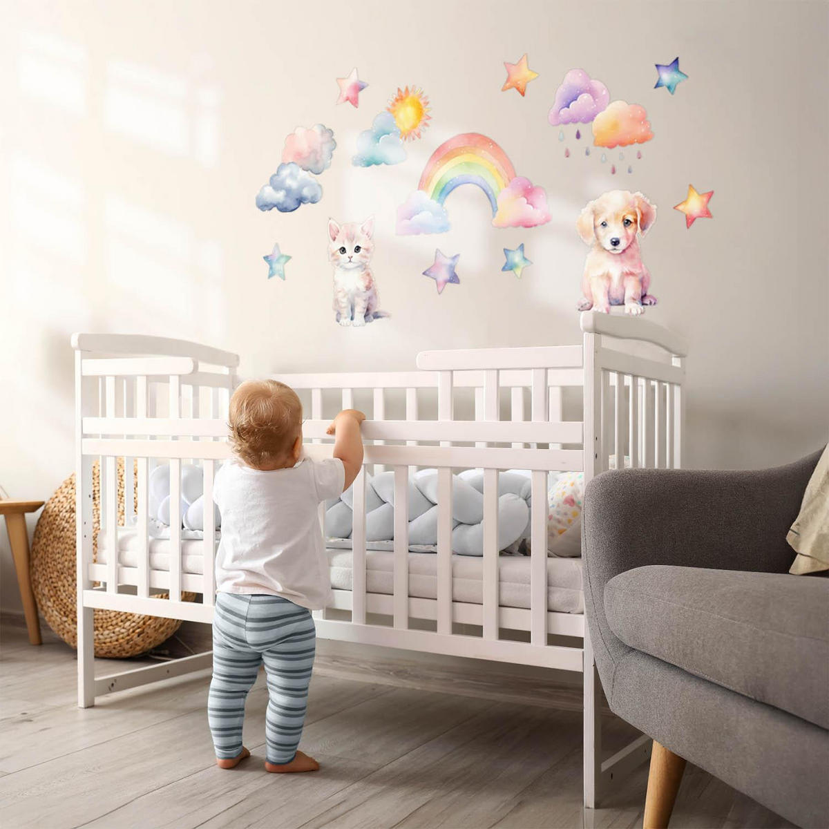 WANDAUFKLEBER 130x177cm - Tiere Himmel Regenbogen - Multicolor, Kunststoff (130/177/0.1cm) - Wallfluent