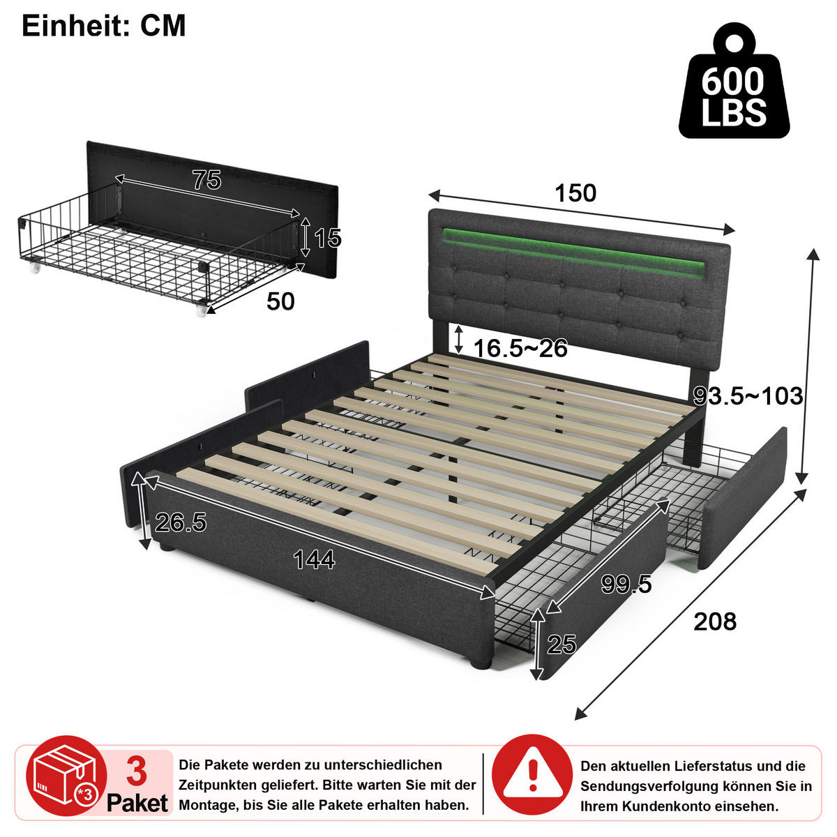 POLSTERBETT 140/200 cm in Grau Leinen mit 4 Schubladen, LED, verstellbarem Kopfteil und Matratze - Grau, Holzwerkstoff/Textil (140/200cm) - CHICFURN