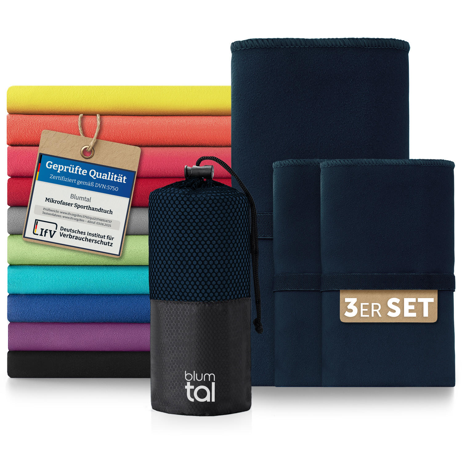 SPORTHANDTUCH microfiber 3er-Set , 180/90 cm & 2 x 80/40 cm, Dunkelblau - Dunkelblau, Textil (180/90cm) - Blumtal