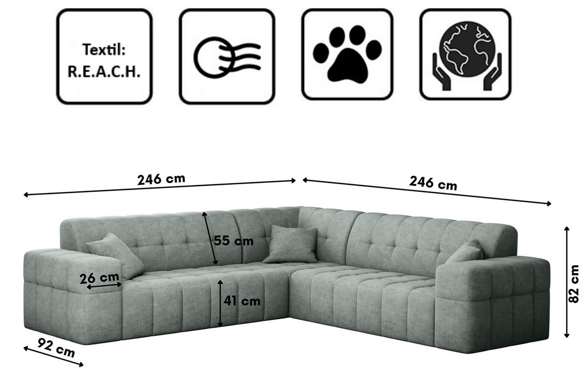 ECKSOFA Corner NIMES Stoff Perfect Harmony Mintz - Mintgrün, Holz (246/246cm) - Kaiser Möbel