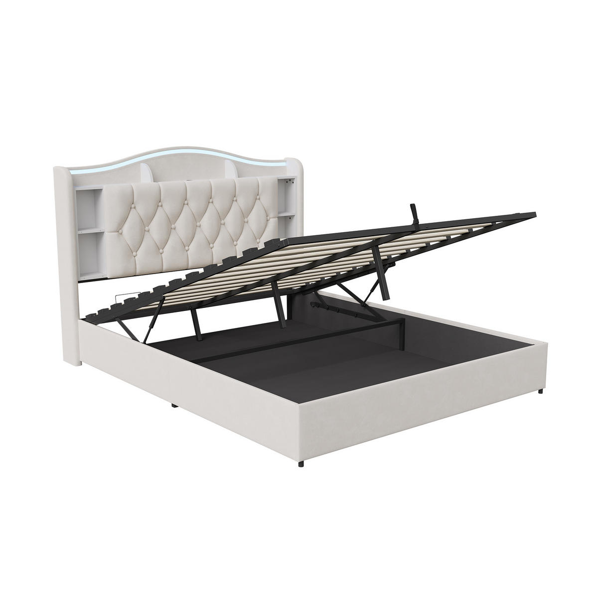 POLSTERBETT 160/200 cm mit Stauraum-Bettkasten, Ablagekopfteil mit Fächern, mehrfarbigem LED & USB, beiger Stoffbezug - Beige, Holz/Metall (160/200cm) - Joyfair