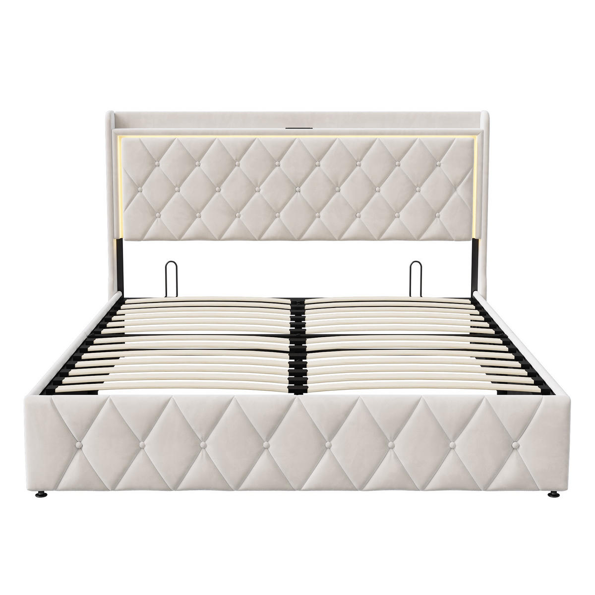 POLSTERBETT 140/200 cm, mit LED-Beleuchtung, hydraulischem Stauraum, USB, Beige - Beige, Holzwerkstoff (140/200cm) - Brevoria