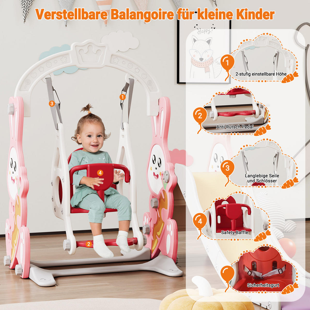 4-IN-1 RUTSCHBAHN Kinder Kaninchen Rosa Mit Schaukel & Basketball - Rosa, Holz (153/118/170cm)