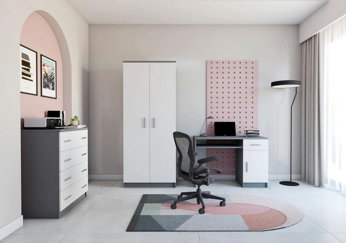 JUGENDZIMMER Arivo in Weiß und Grau 3 teilig Kinderzimmer Komplett Set mit Kleiderschrank, Schreibtisch und Kommode - Weiß, Holzwerkstoff (80/200/120cm)