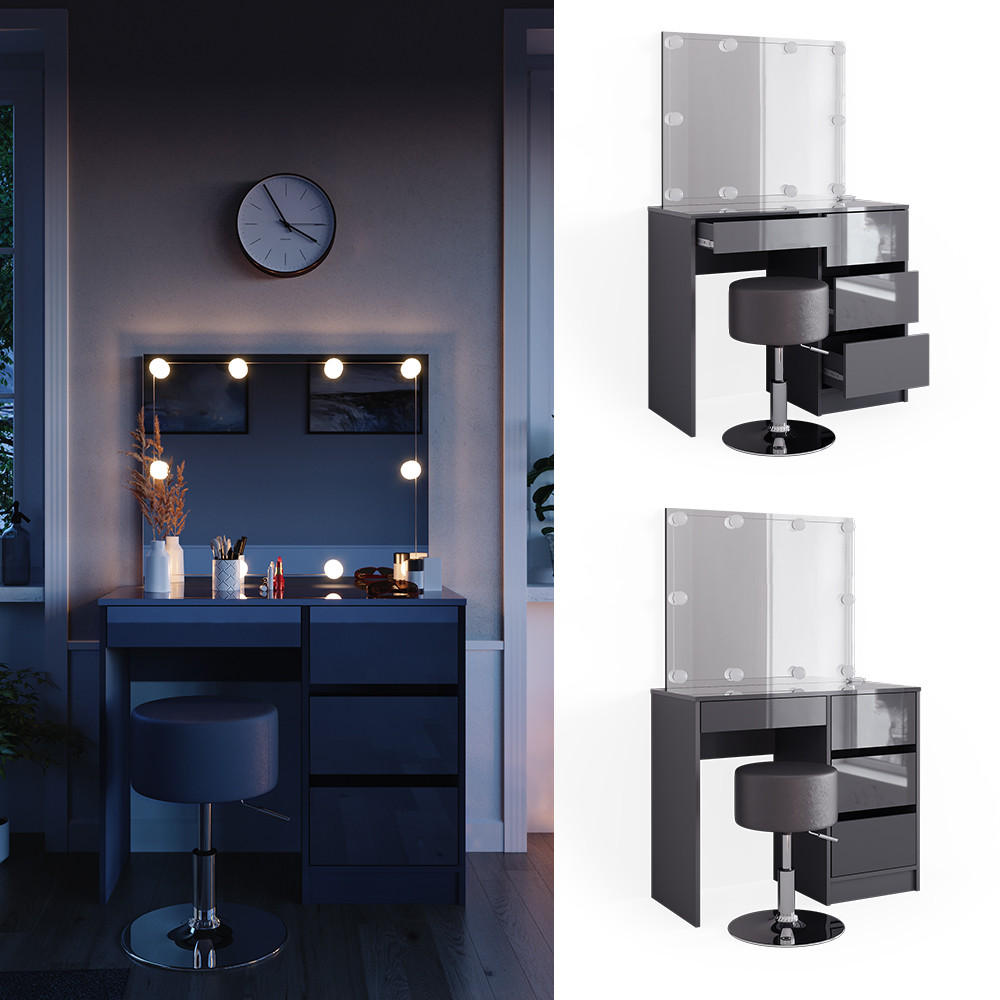 SCHMINKTISCH Sherry Anthrazit 90 cm mit LED Beleuchtung und Hocker - Schwarz Hochglanz/Anthrazit, Holzwerkstoff (90/75/40cm) - Vicco