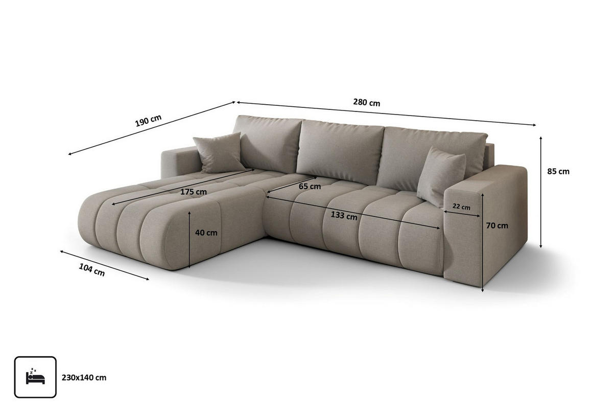 ECKSOFA mit schlaffunktion und bettkasten MILO PREMIUM, stoff WIND, Grau, Links - Hellgrau, Holz (280/190cm) - Kaiser Möbel