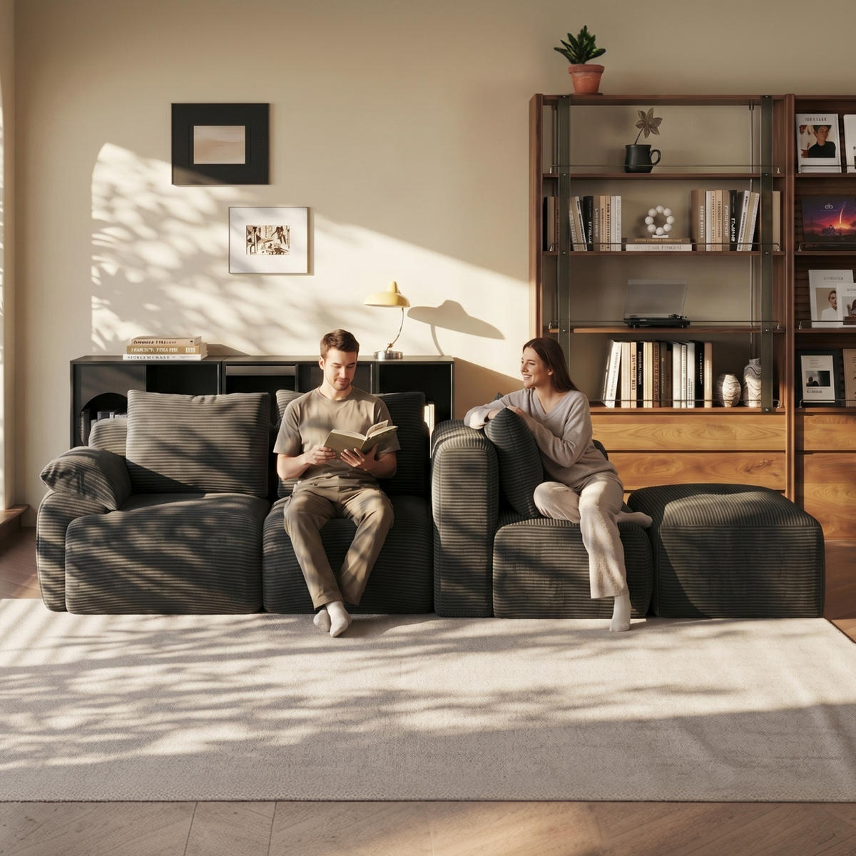 ECKSOFA,3-SITZER-SOFA,CORDSTOFF Stoffsofa L Form mit Hocker,Dunkelgrau - Grau, Textil (264/89cm) - PARAFTA HOME