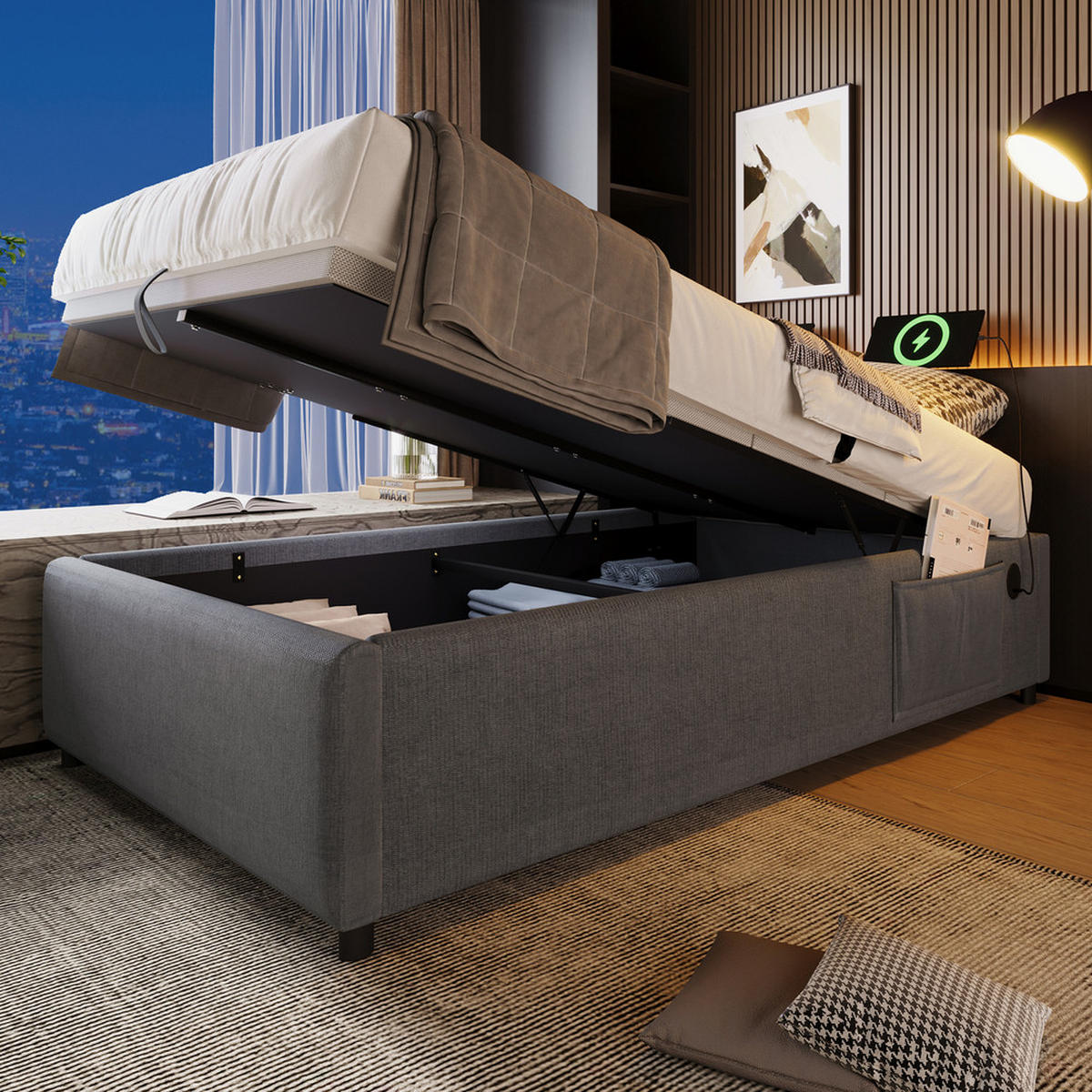 POLSTERBETT 90x200cm Einzelbett Stauraumbett mit USB-C & Lattenrost Grau - Grau, Holz - FLIEKS