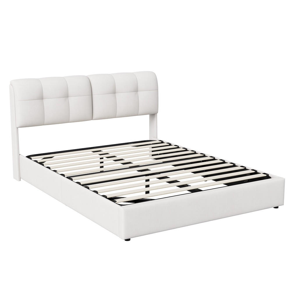 POLSTERBETT 140x200 cm mit hydraulischer Hubfunktion - Doppelbett mit LED-Beleuchtung - ohne Matratze - Cremeweiß - Beige, Textil (140/200cm) - DELFA