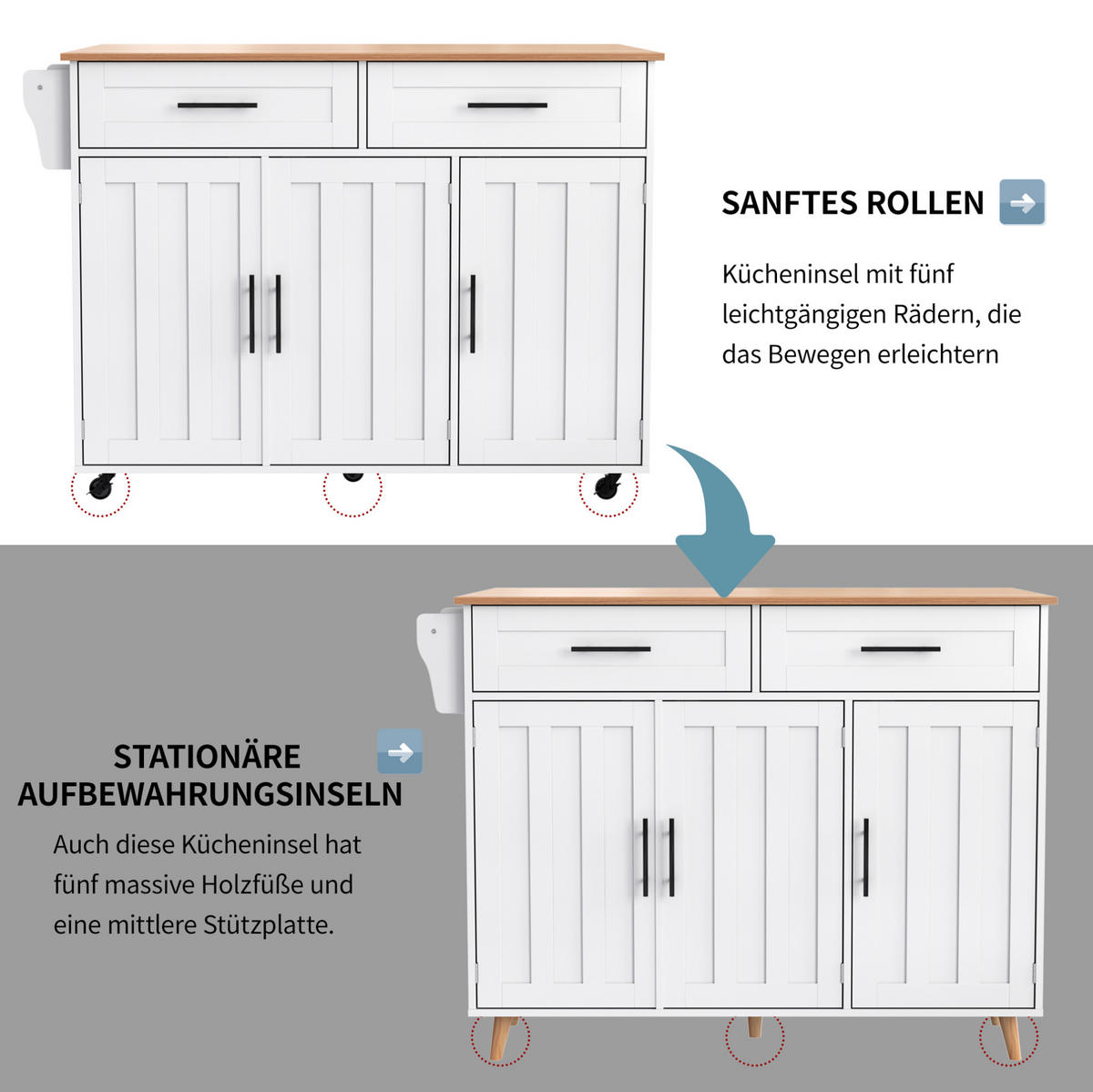 KÜCHENINSEL 129/71/91,5 cm Weiß aus MDF mit klappbarer Arbeitsplatte - Weiß, Holzwerkstoff (46/91.5/120cm) - OKMYHOME