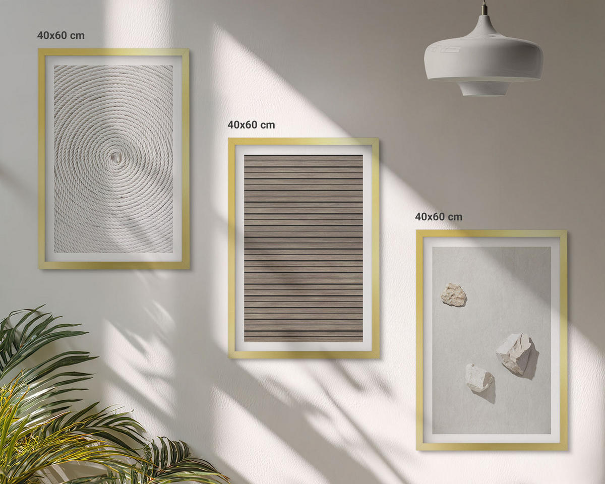 BILDER SET 3er Set - 40x60 cm Goldrahmen - Natürliche Texturen Holz Stein - Goldfarben, Kunststoff (40/60cm) - TULUP
