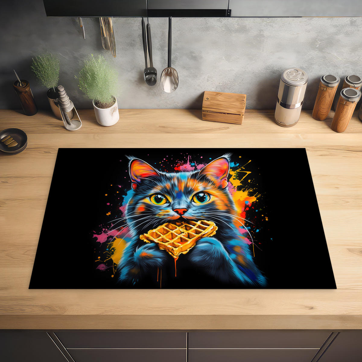 HERDABDECKPLATTE Katze - Graffiti - Bunt - Waffel - Essen Ceranfeldabdeckung 80x52 cm - Multicolor, Kunststoff (80/52/0.2cm) - MuchoWow