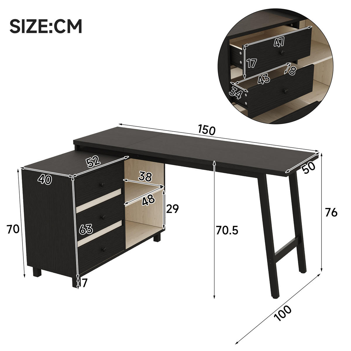 ECKSCHREIBTISCH Schwarz-Weiß 150/100/76 cm mit 3 Schubladen und 2 offenen Fächern - Schwarz, Holzwerkstoff (100/150/76cm) - PANGIVO