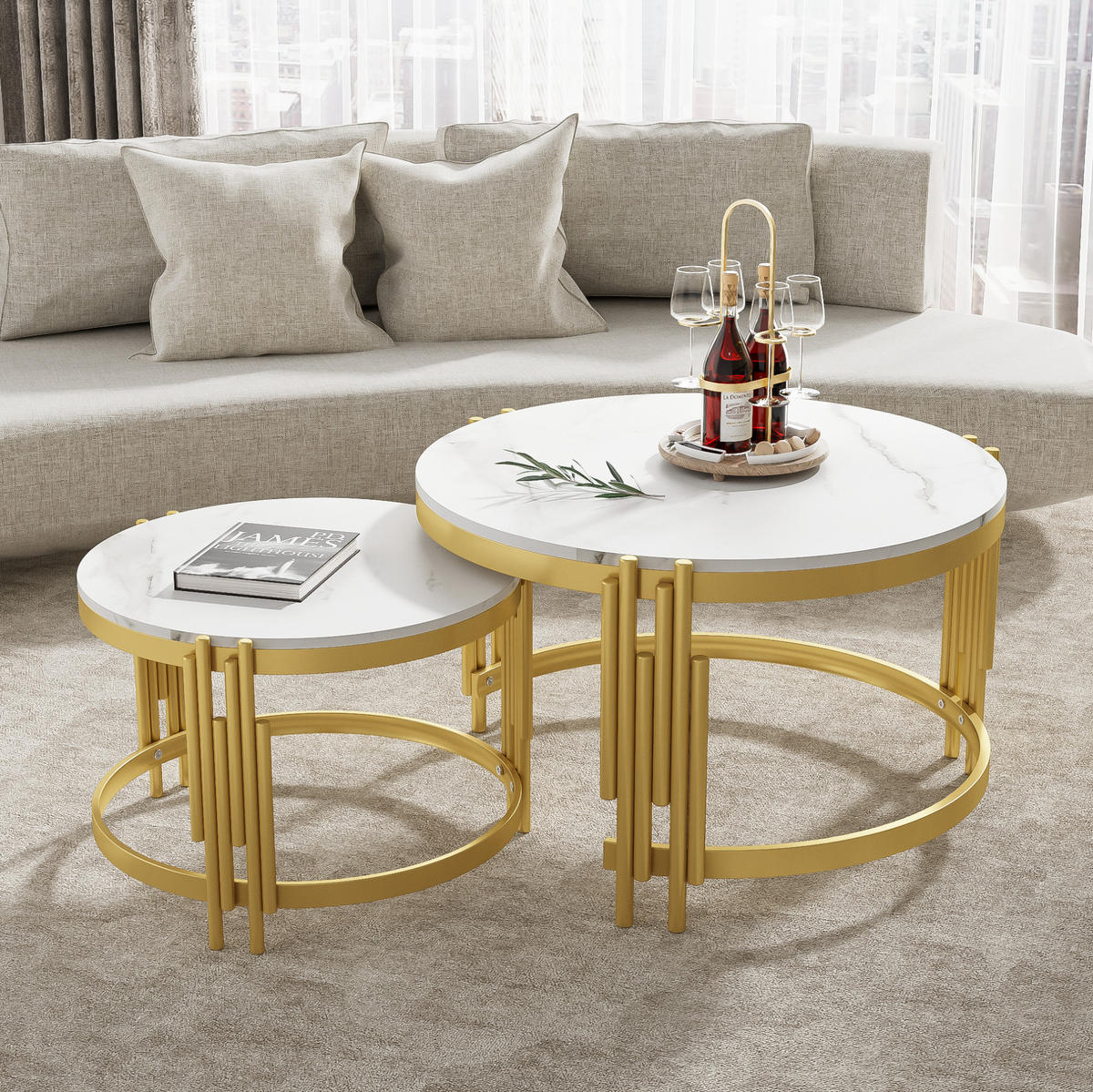 COUCHTISCH-SET 71,5/71,5/44 cm in Marmoroptik, nestbar mit goldenem Metallrahmen - Messingfarben, Holzwerkstoff (71.5/58/44cm) - Flora Grace