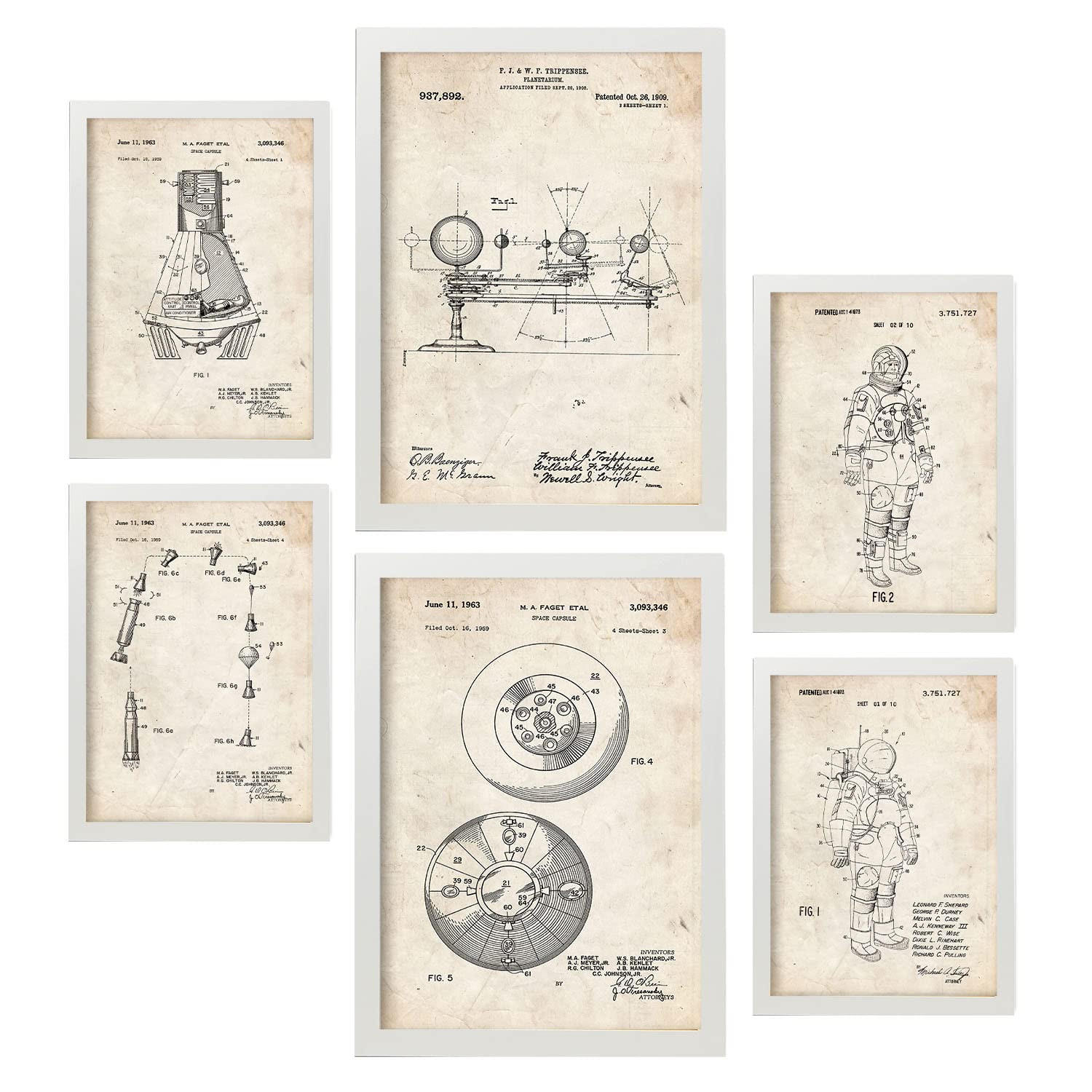 POSTER Set Mit 6 Plakaten Mit Astronaut Patenten Im Vintage Stil A3 & A4 Weißer Rahmen - Weiß, Papier (29/3cm) - Nacnic