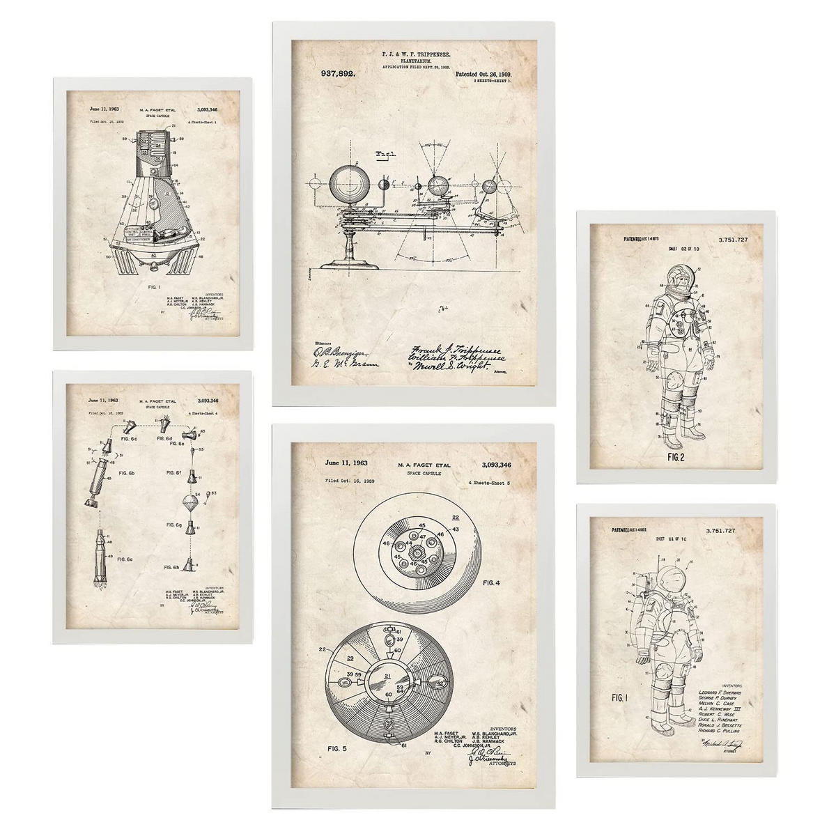 POSTER Set Mit 6 Plakaten Mit Astronaut Patenten Im Vintage Stil A3 & A4 Weißer Rahmen - Weiß, Papier (29/3cm) - Nacnic