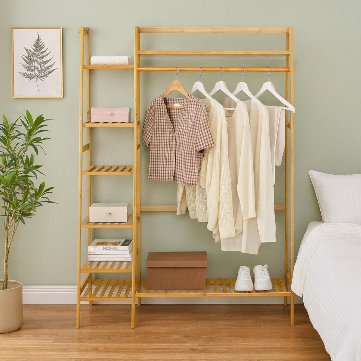 BAMBUSREGAL Bambus Naturfarben mit Seitenregal 140 x 130 x 40 cm - Naturfarben, Holz (130/140/40cm) - Begryf