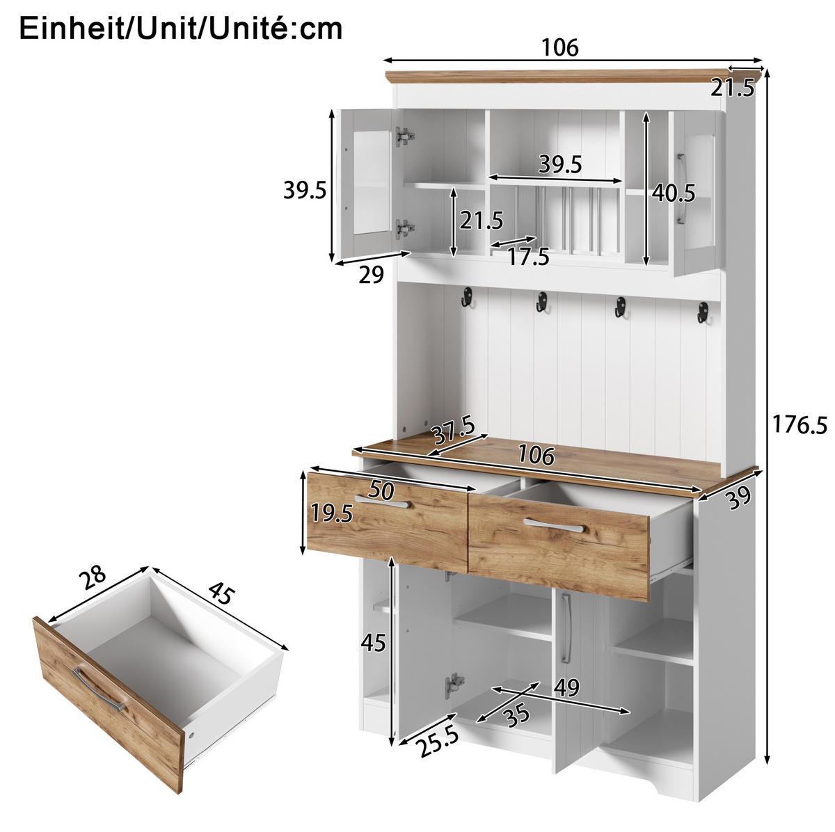 BUFFET 106/39/176,5 cm in Weiß/Natur mit Vitrinenfächern und Hakenleiste - Naturfarben, Holzwerkstoff (106/176.5/39cm) - Flora Grace