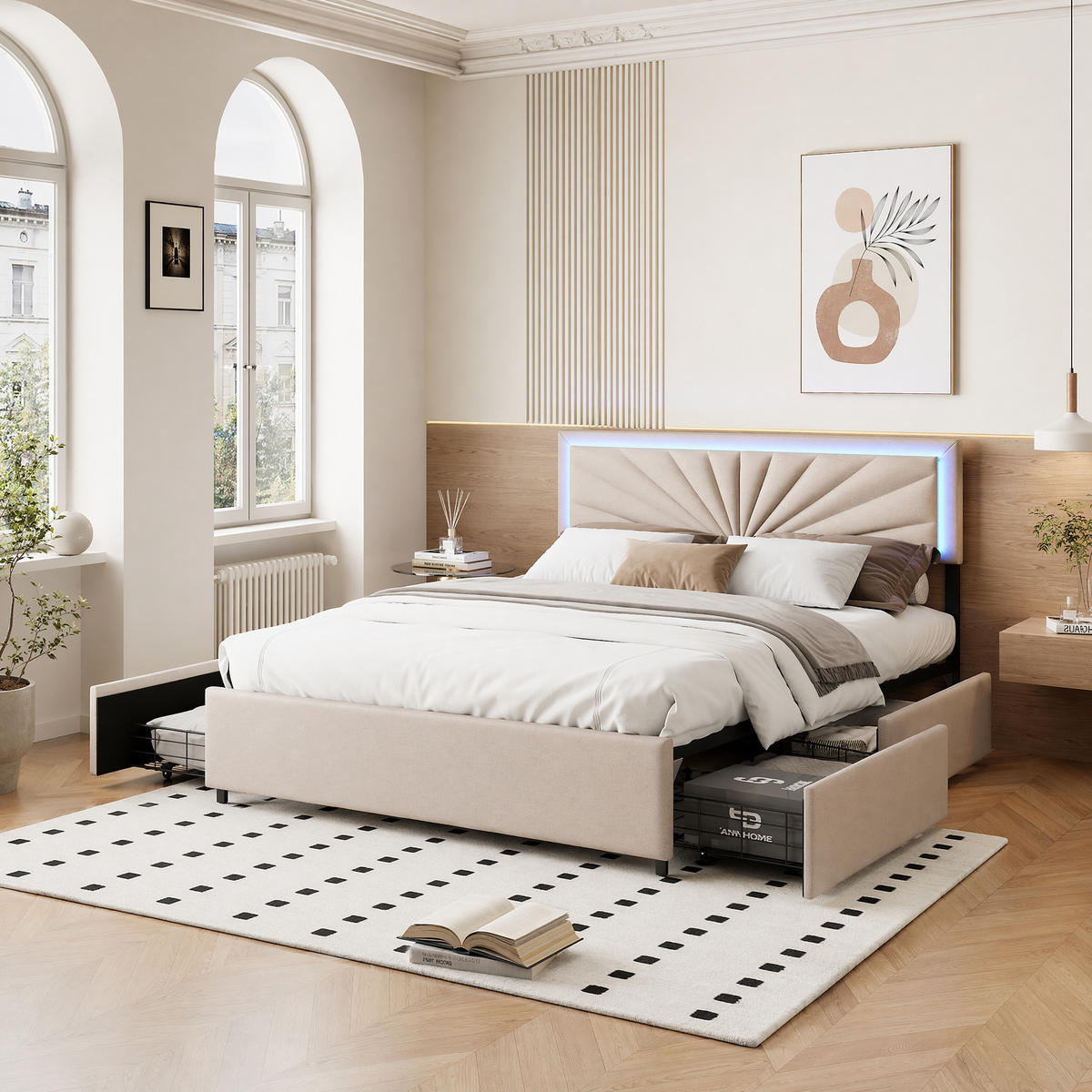 POLSTERBETT 160x200 cm Beige Stoff LED 4 Schubladen - Beige, Holz (160/200cm) - SHOPENTRA