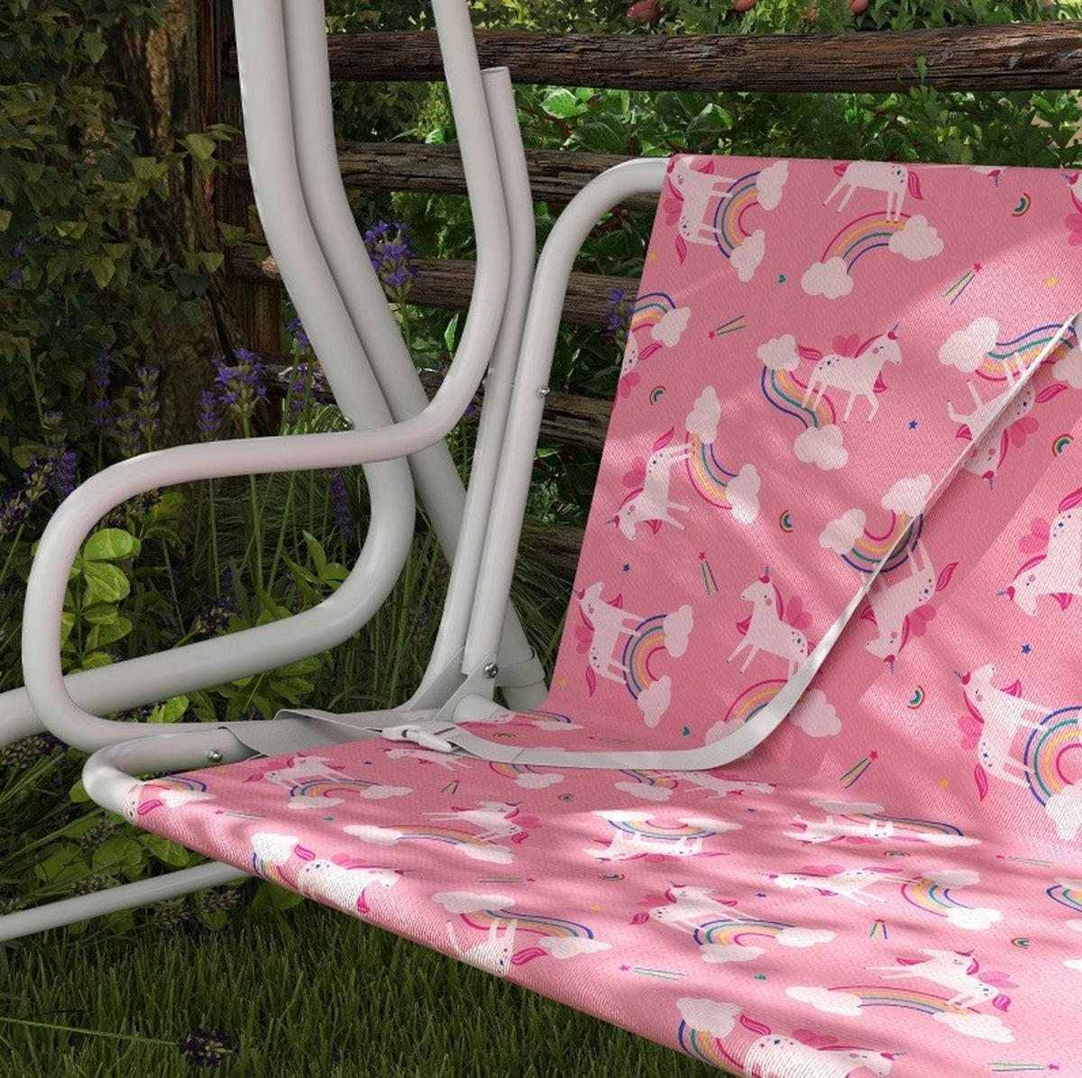 HOLLYWOODSCHAUKEL 112/75/120 cm mit verstellbarem Sonnendach und Sicherheitsgurt, Einhorn-Regenbogen-Design, Rosa - Rosa, Metall (75/120/112cm) - Redom