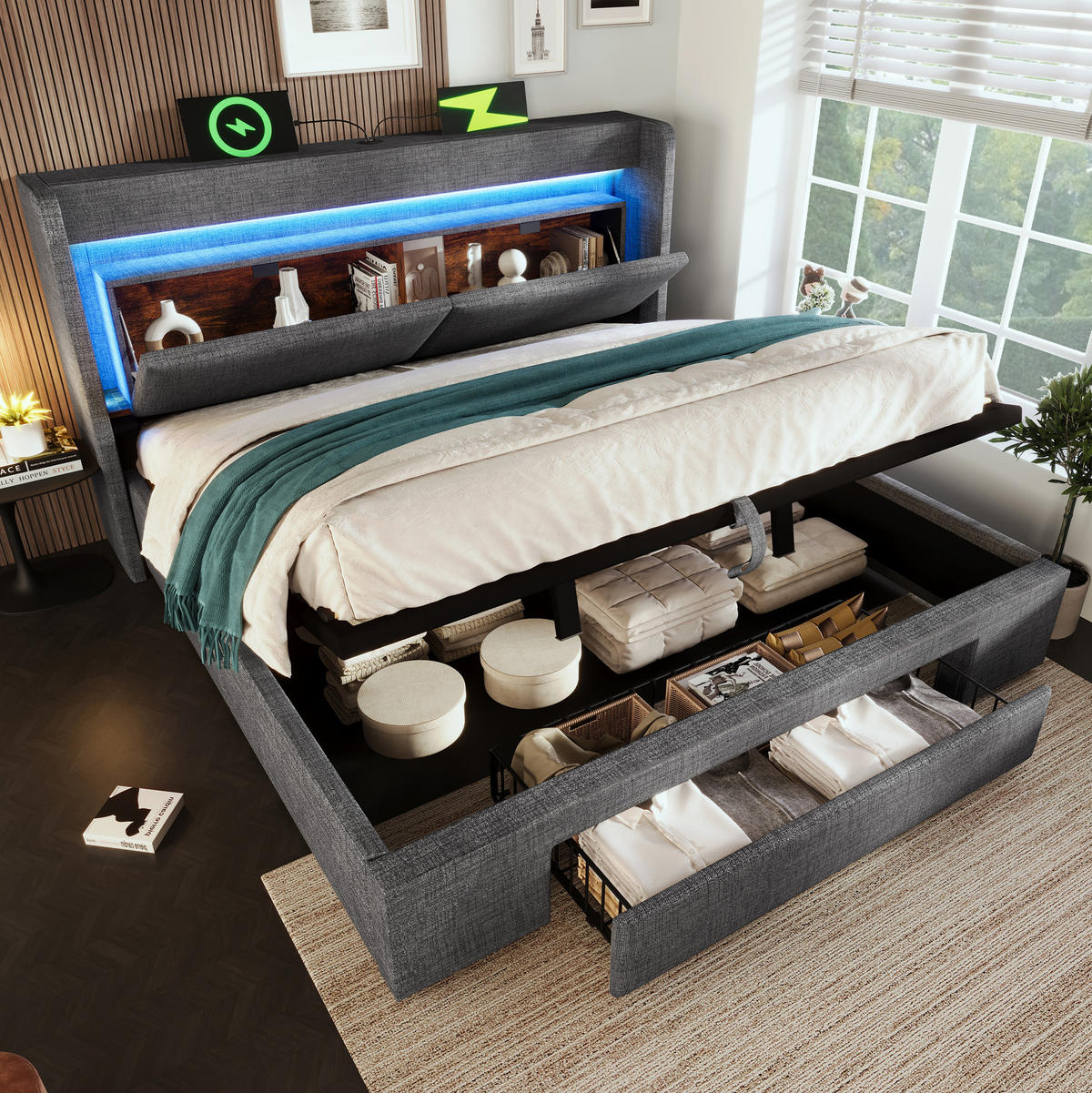 POLSTERBETT 140/200 cm mit Bettkasten, LED und USB-Anschluss in Grau - Grau, Textil (140/200cm) - BEAOK