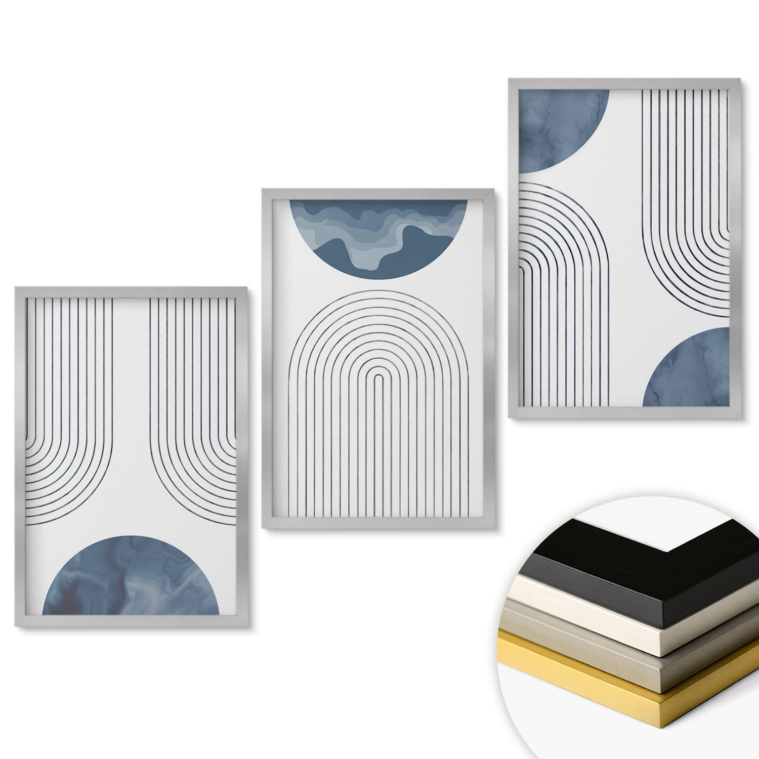 WANDBILDER 3er Set - 40x60 cm Silberner Rahmen - Abstrakte blaue Muster - Silberfarben, Kunststoff (40/60cm) - ArtPrintCave
