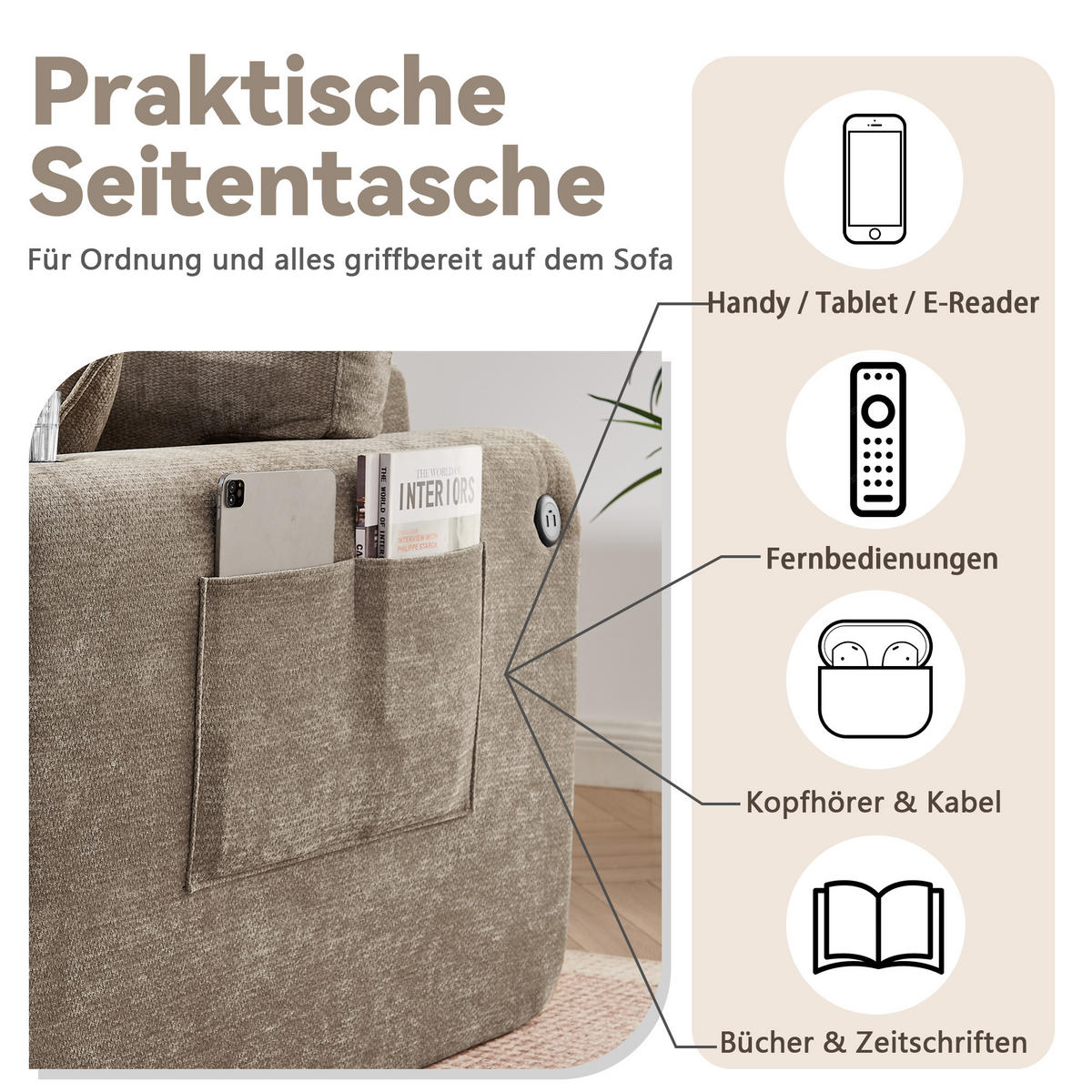 2-SITZER SOFA Chenille Braun mit USB, Getränkehalter, Tasche und Kissen - Braun, Textil (220/89/100cm) - WISHDOR