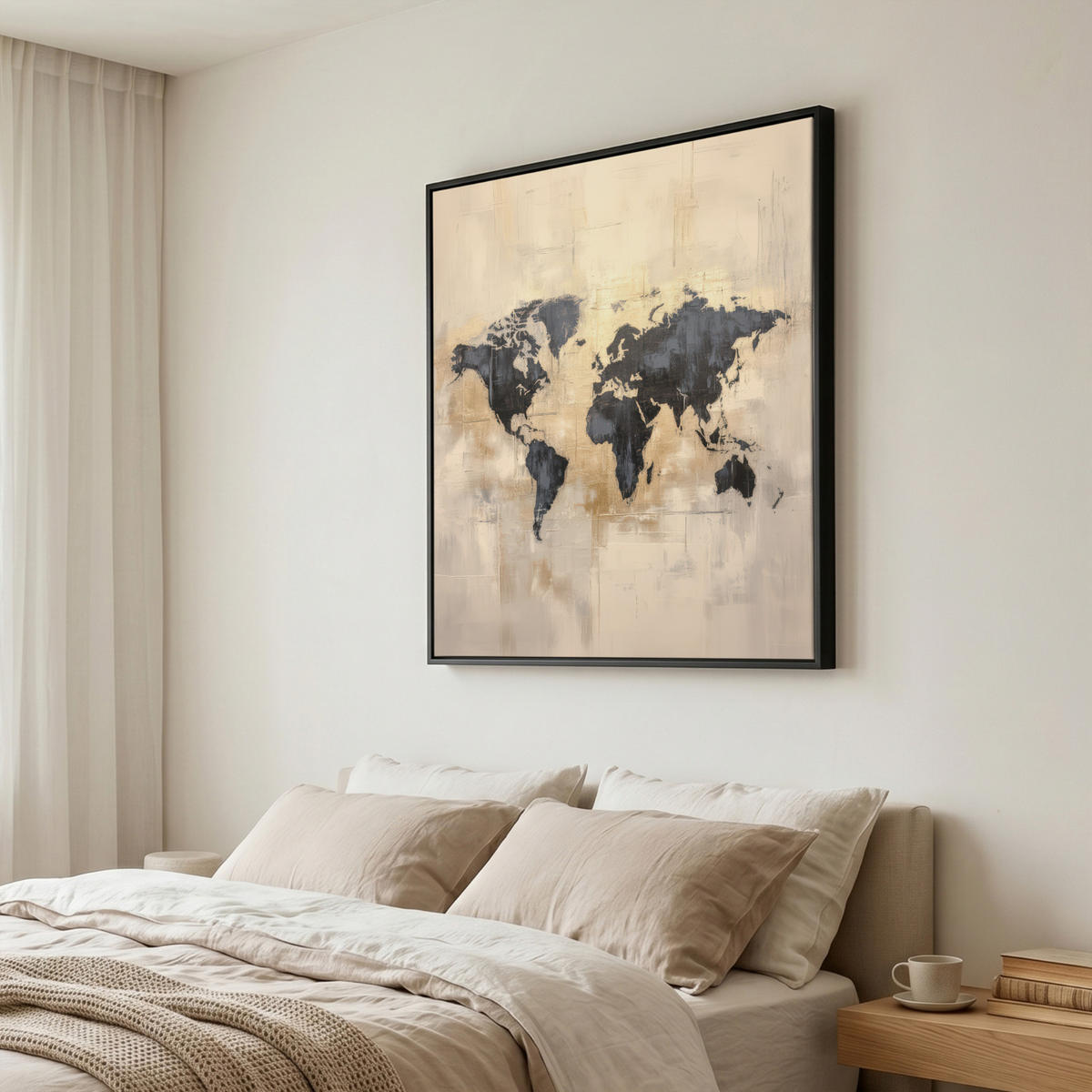LEINWAND Bilder mit Rahmen - Weltkarte - Gold - Schwarz - Abstrakt - 90x90 - Kupferfarben, Textil (90/90cm) - MuchoWow