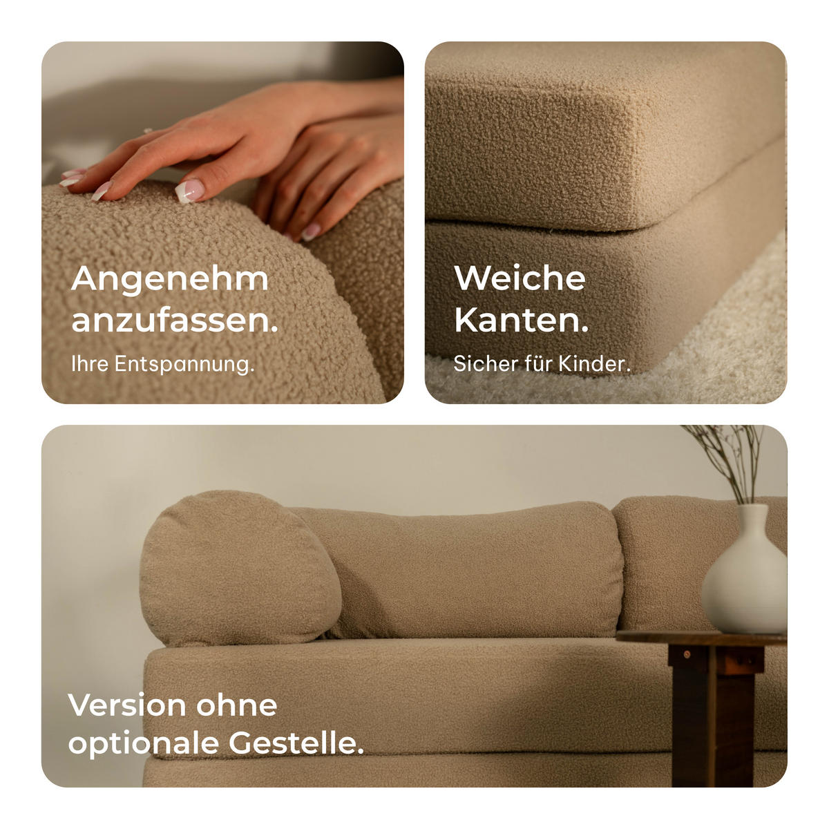 ECKSOFA KELI modulares Boneless Sofa mit Schlaffunktion Hellgrau Boucle-Stoff - Hellgrau, Textil (270/160cm) - MASSENO