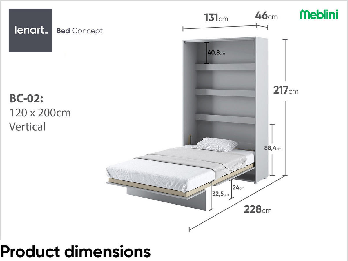 SCHRANKBETT BC-02 - 120x200cm Vertikal - Grau Matt mit Matratze - Grau, Holzwerkstoff (120/200cm) - Meblini