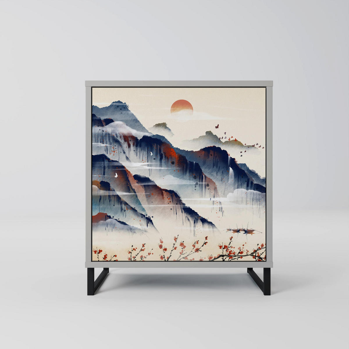 SIDEBOARD JAPANESE LANDSCAPE, Grau, 57,5x42x70,5 cm, Schwarze Metall-Sternfüße - Multicolor/Schwarz, Holzwerkstoff/Metall (57.5/70.5/42cm) - SpaceRebels