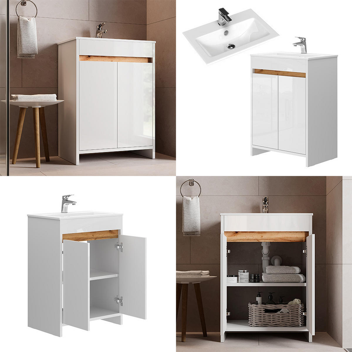 WASCHTISCHKOMBI Lemgo Weiß 2 Teile, Unterschrank 60 cm - Weiß Hochglanz/Weiß, Holzwerkstoff (59.6/81.9/40cm) - Vicco