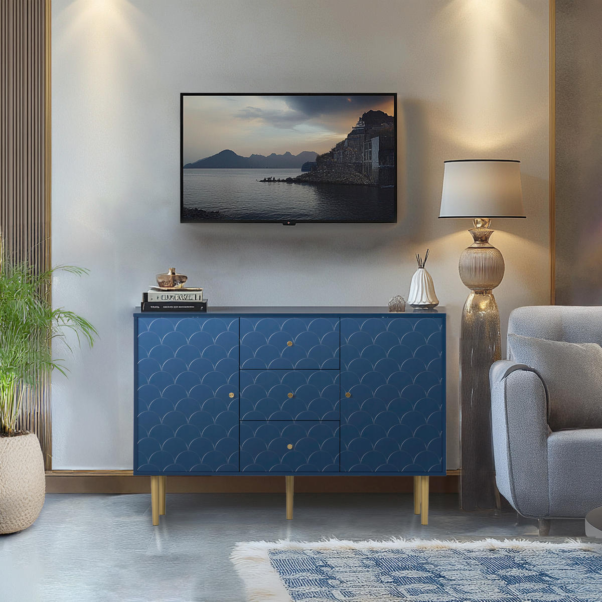 SIDEBOARD 2 Türen und 3 Schubladen, Verstellbare Ablage Blau 120/40/82CM - Blau, Holzwerkstoff/Metall (40/82/120cm) - Urban Meuble