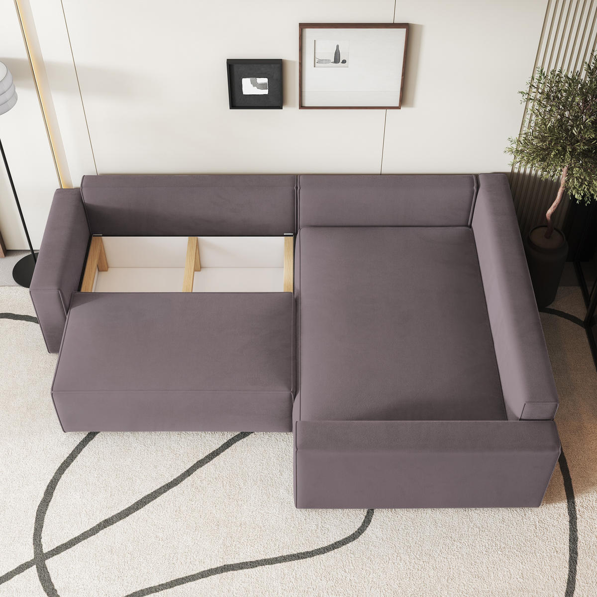 ECKSOFA ERONIS R-S Lila Velours-Stoff mit Schlaffunktion - Lila, Holz (265/194cm) - MASSENO