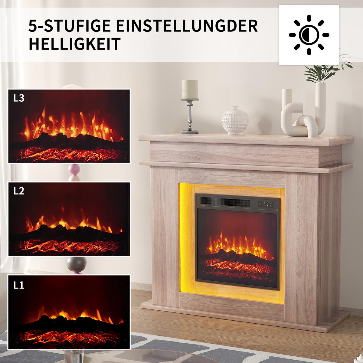 ELEKTROKAMIN, Eiche, mit Möbel, LED multicolor, 3D Flammen, Helligkeit & Farbregelung - Eichefarben, Holz (101/88.8/34.5cm) - EuroLiving