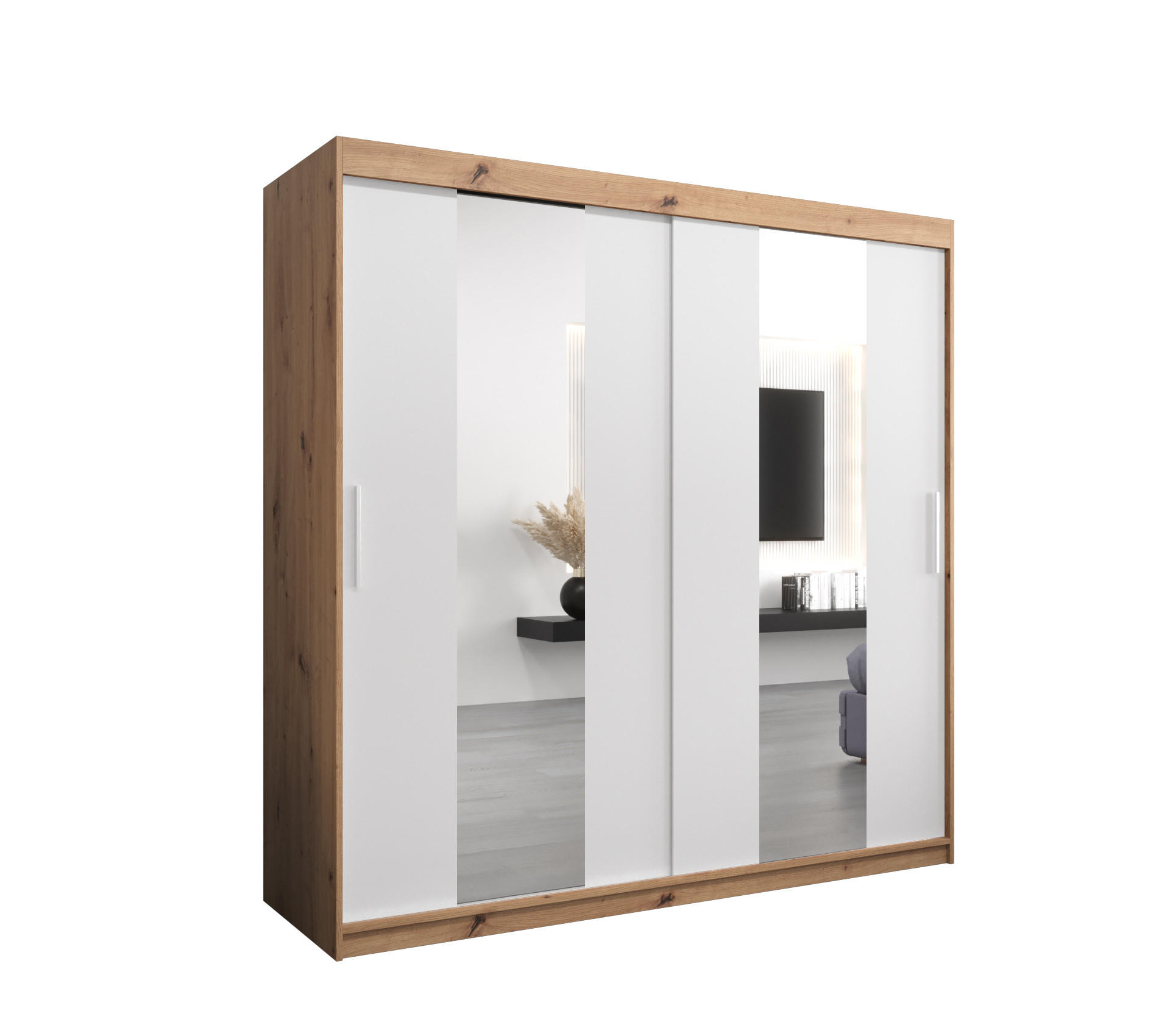 Abiks Möbel Schwebetürenschrank Eiche Artisan, Weiß 200x200x62 cm