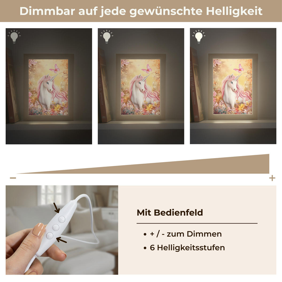 NÁSTĚNNÁ LAMPA Jednorožec - Květiny - Motýl - Růžová 15x20 cm - béžová, kompozitní dřevo (15/20/8cm) - OnlyWow