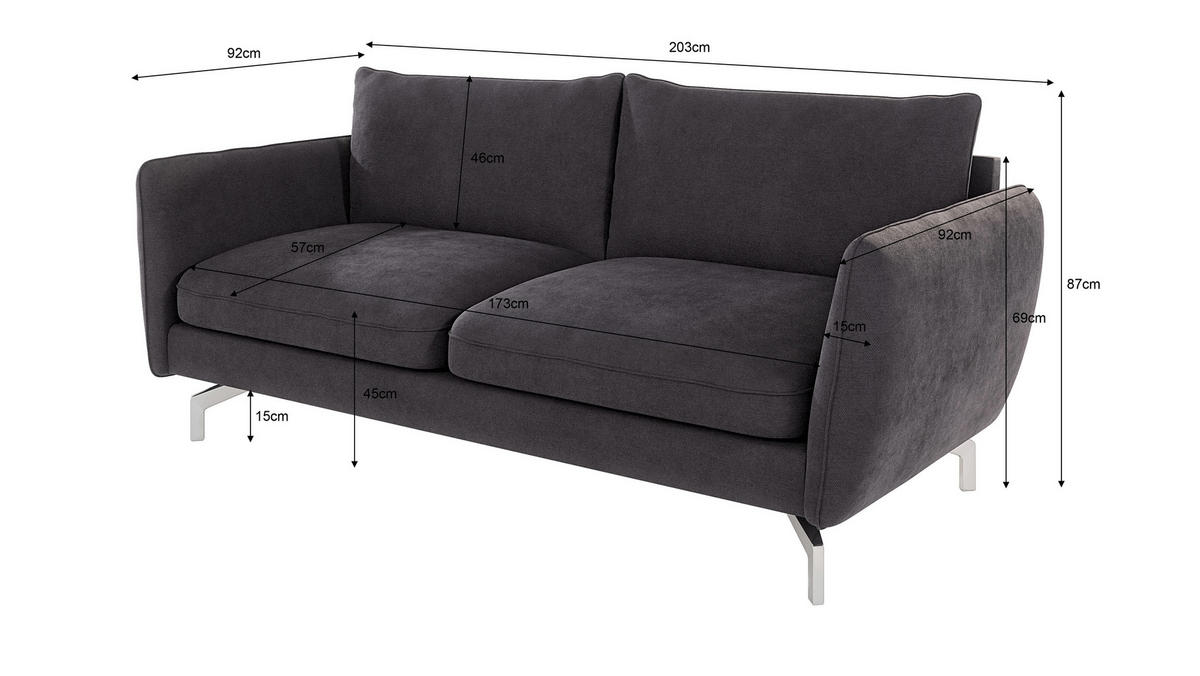 3-SITZER-SOFA Elou Graphit Microfaser - Chromfarben/Graphitfarben, Holz/Textil (203/87/92cm) - S-Style Möbel