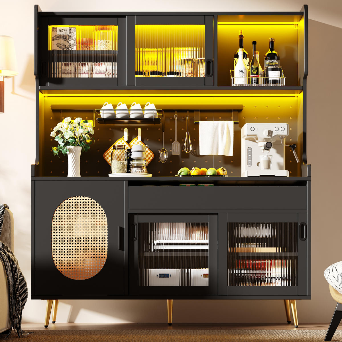 BUFFETSCHRANK 145/39/171 cm schwarz aus MDF mit LED-Lichtleiste - Schwarz, Holzwerkstoff (145/171/39cm) - OKWISH