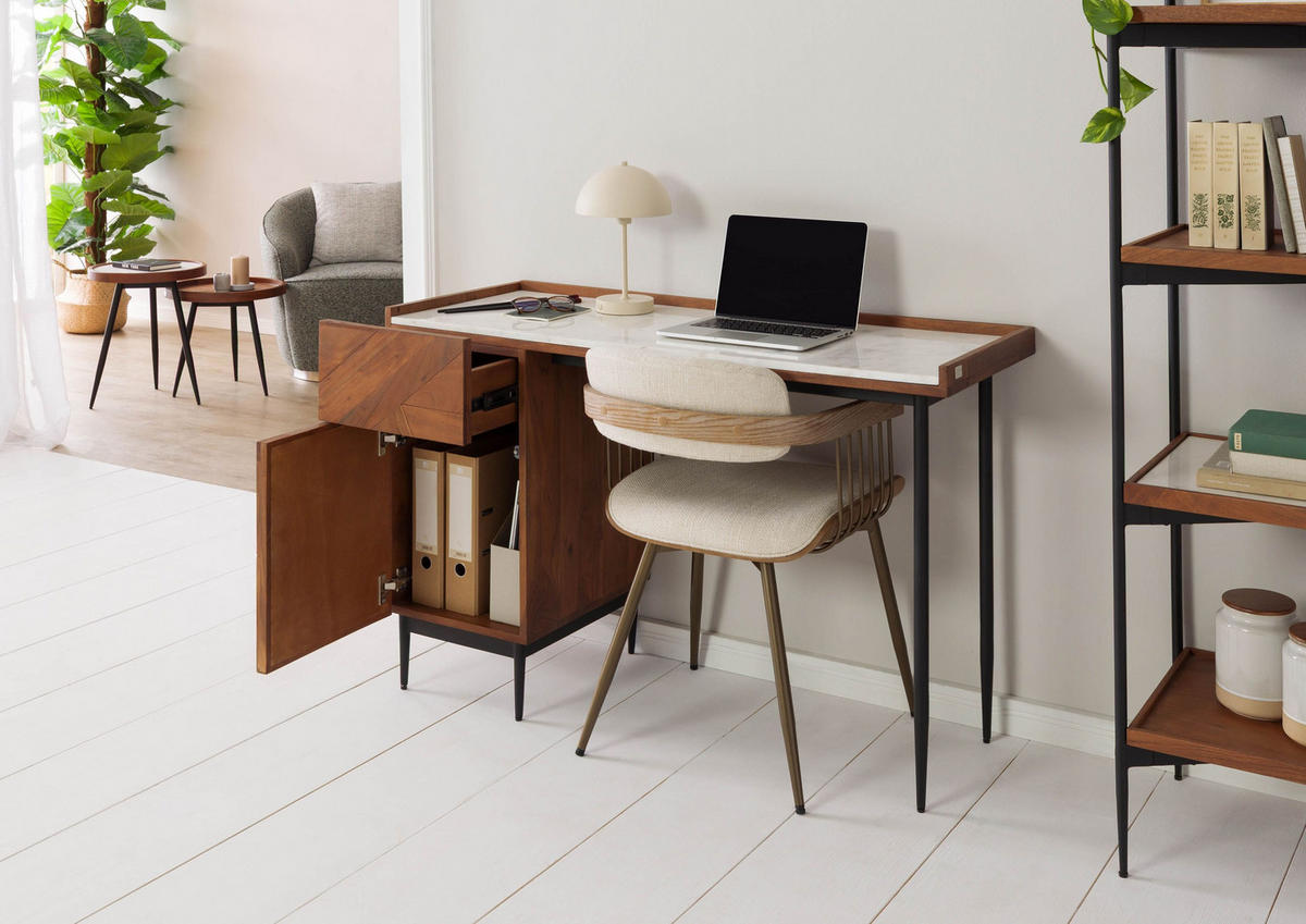 SCHREIBTISCH Akazie 120x47x77 natur lackiert / Marmor weiß KARLSTAD #18 - Braun, Holz (47/120/77cm) - Massivmoebel24