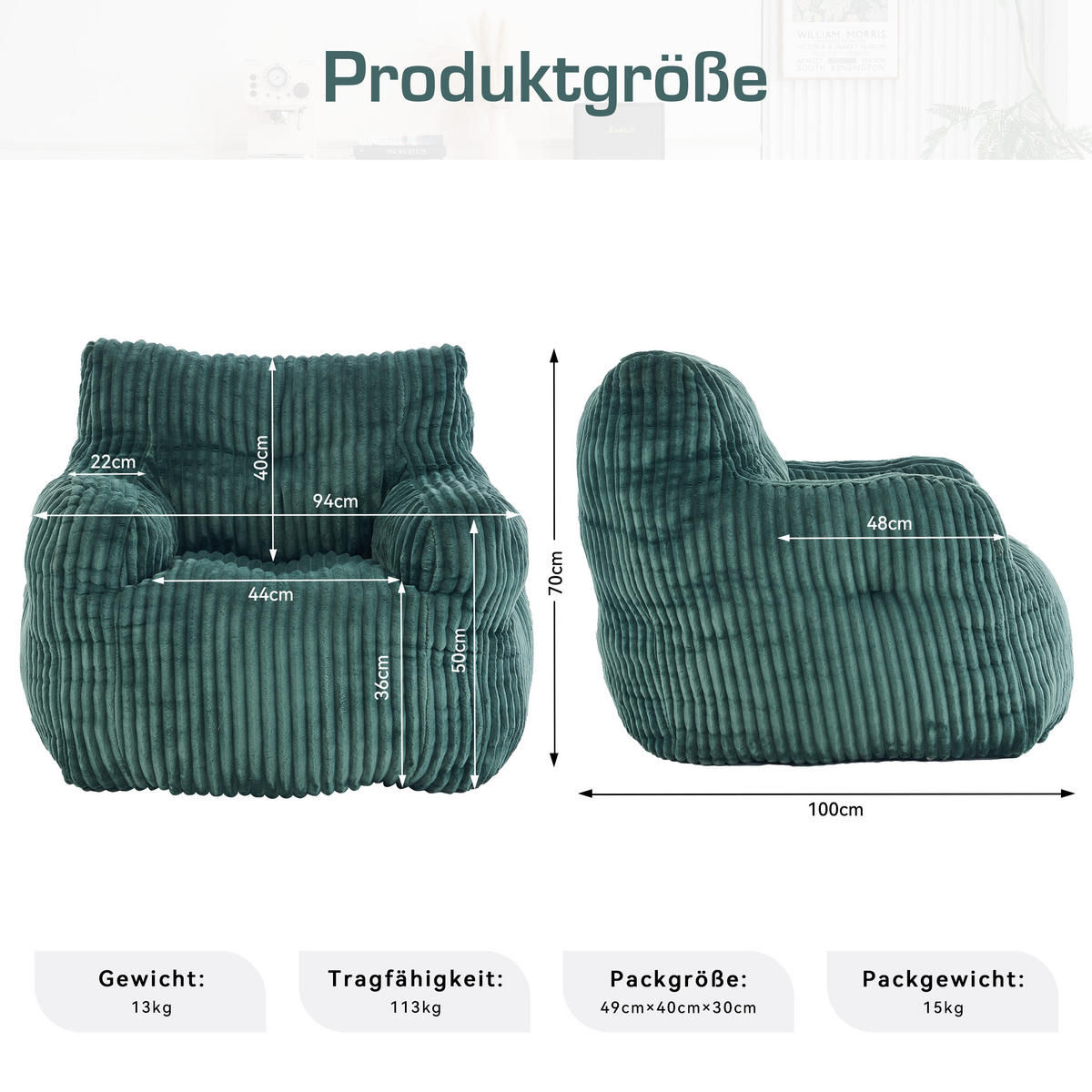 SESSEL weicher cord-stoff ergonomischer mit schaumstofffüllung - Grün, Textil (100/70/94cm) - Urban Meuble